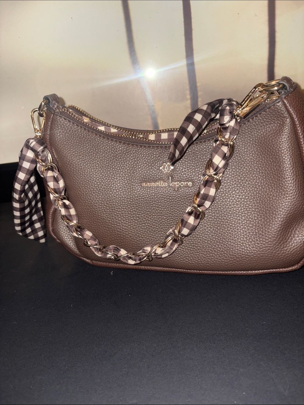 Nanette Lepore Brown Pebbled Leather Shoulder Bag with Gingham Scarf Handles